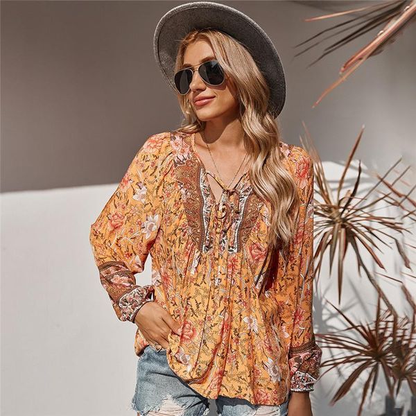 women's blouses & shirts autumn print blouse women lace up v neck holiday shirt for casual 2021, White
women's blouses & shirts autumn print blouse women lace up v neck holiday shirt for casual 2021, White