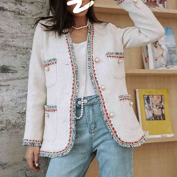 runway design woven tassel trim pearl button woolen suit jacket women autumn and winter stitching striped white tweed outwear 210525, Black
runway design woven tassel trim pearl button woolen suit jacket women autumn and winter stitching striped white tweed outwear 210525, Black