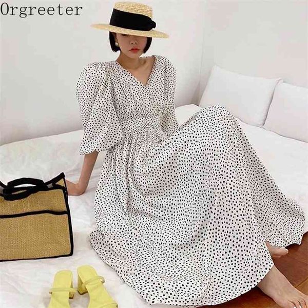 elegant temperament black and white dot printted long dress women summer backless puff sleeve big swing casual dresses 210602, Black;gray
elegant temperament black and white dot printted long dress women summer backless puff sleeve big swing casual dresses 210602, Black;gray