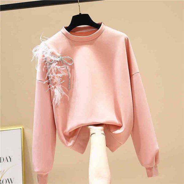spring new feather bow patchwork loose pink o neck full casual sweatshirt women 210421, Black
spring new feather bow patchwork loose pink o neck full casual sweatshirt women 210421, Black