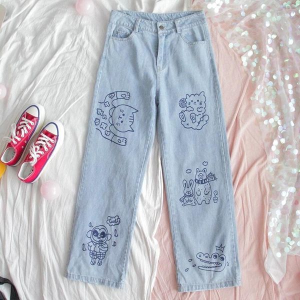 women's jeans harajuku fashion cotton women denim high waist curled straight pants sweet cute puppy embroidery girl trousers, Blue
women's jeans harajuku fashion cotton women denim high waist curled straight pants sweet cute puppy embroidery girl trousers, Blue
