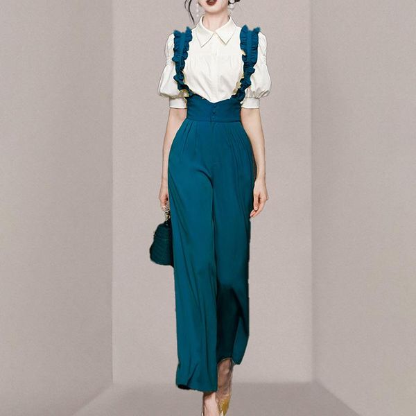 women's two piece pants summer suit women fashion elegant puff sleeve shirt + chic high waist wide leg long rompers female office 2-pie, White
women's two piece pants summer suit women fashion elegant puff sleeve shirt + chic high waist wide leg long rompers female office 2-pie, White