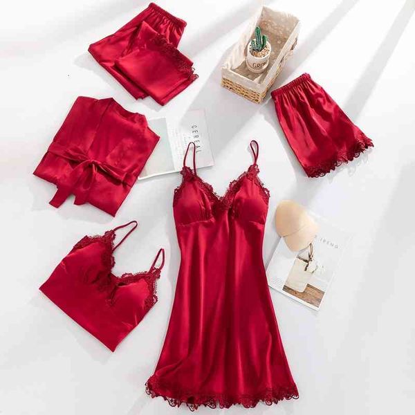 women's sleepwear 5pcs pajamas suit women pjs satin with cheast pads v-neck pyjamas for female kimono robe gown casual nightw, Black;red
women's sleepwear 5pcs pajamas suit women pjs satin with cheast pads v-neck pyjamas for female kimono robe gown casual nightw, Black;red
