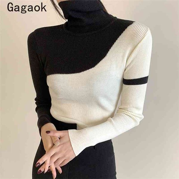 women basic sweater spring autumn office lady turtleneck patchwork knitted sweaters korean simple wild pullovers 210531, White;black
women basic sweater spring autumn office lady turtleneck patchwork knitted sweaters korean simple wild pullovers 210531, White;black