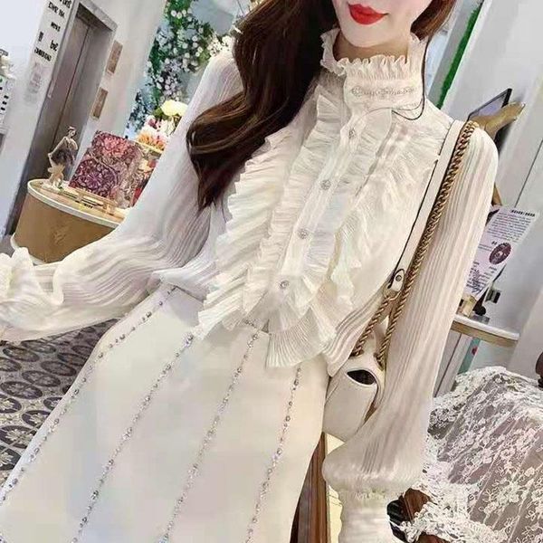 women's blouses & shirts stand collar pleated chiffon elegant ruffle stitching beading women blouse fashion long sleeve autumn blusas, White
women's blouses & shirts stand collar pleated chiffon elegant ruffle stitching beading women blouse fashion long sleeve autumn blusas, White