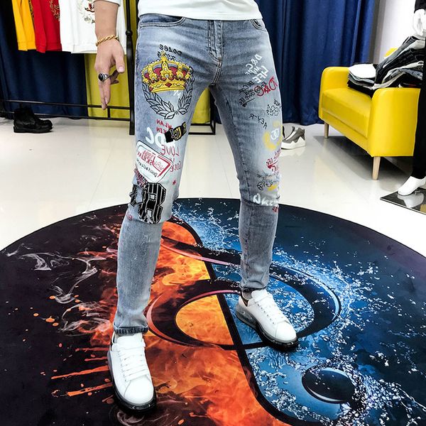 men's jeans spring autumn letter crown personalized printing hole straight pants skinny men trend erkek jean pantolon vwhl, Blue
men's jeans spring autumn letter crown personalized printing hole straight pants skinny men trend erkek jean pantolon vwhl, Blue