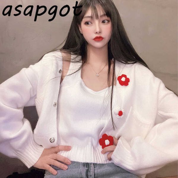 sweaters&jumpers white v neck floral applique knitted cardigan jacket korean fashion chic sweet camisole 2piece set 210610
sweaters&jumpers white v neck floral applique knitted cardigan jacket korean fashion chic sweet camisole 2piece set 210610