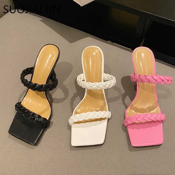 suojialun summer women slipper fashion brand weave sandal shoes thin high heel narrow band ladies elegant dress slides 210630, Black
suojialun summer women slipper fashion brand weave sandal shoes thin high heel narrow band ladies elegant dress slides 210630, Black