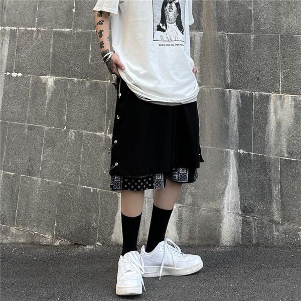 men's shorts instagram personality floral splicing fake two metal buckle five-point pants, White;black
men's shorts instagram personality floral splicing fake two metal buckle five-point pants, White;black