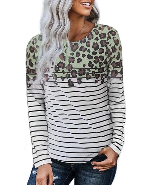 2021 european and american new women's leopard stripe round neck long sleeve t-shirt, White
2021 european and american new women's leopard stripe round neck long sleeve t-shirt, White