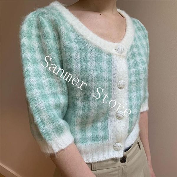 women's knits & tees women knit short sweater mohair-blend plaid half puff sleeve single breated v-neck two color knitwear cardigan lad, White
women's knits & tees women knit short sweater mohair-blend plaid half puff sleeve single breated v-neck two color knitwear cardigan lad, White