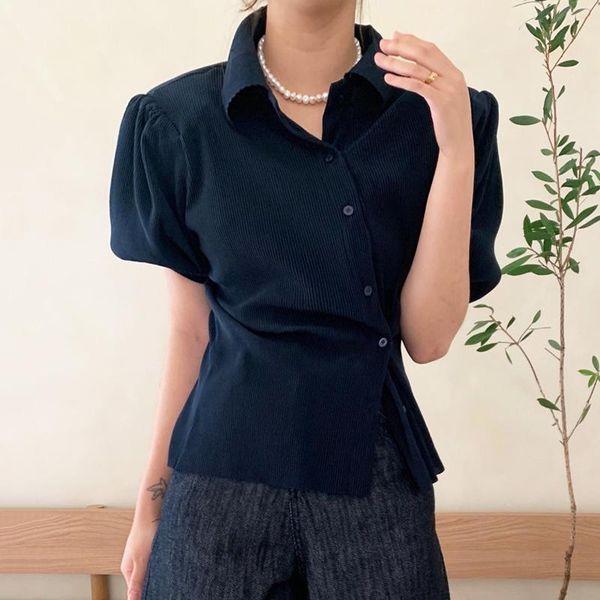 women's blouses & shirts summer niche basic style lapel beveled irregular button pit strip puff sleeve shirt women, White
women's blouses & shirts summer niche basic style lapel beveled irregular button pit strip puff sleeve shirt women, White