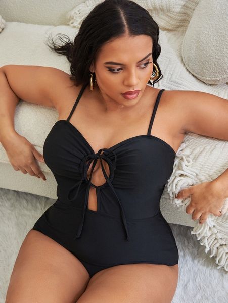 plus tie front one piece swimsuit c5s0#, Black