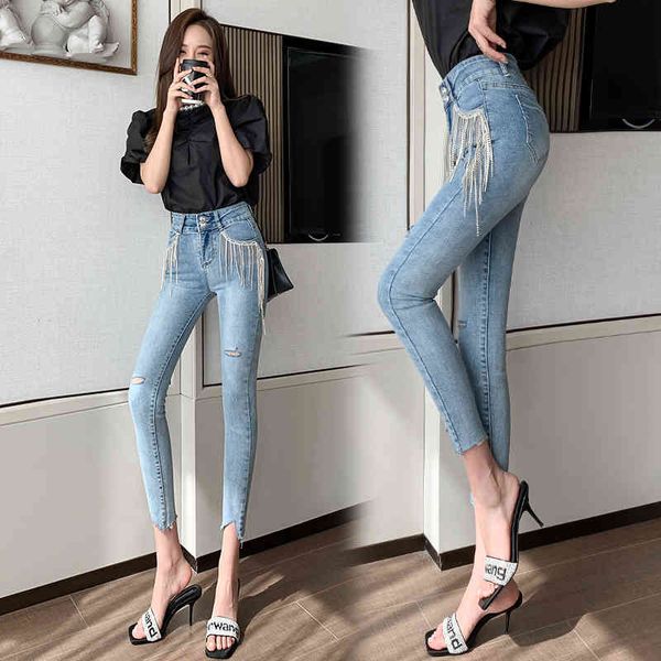 2021 heavy spring diamond fringe women's jeans high waist pencil ny pants, Blue