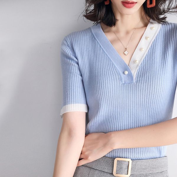 women's t-shirt summer t v-neck short sleeve tshirt kint pearl bottoming femme slim tees black/blue streetwear 4v8w, White
women's t-shirt summer t v-neck short sleeve tshirt kint pearl bottoming femme slim tees black/blue streetwear 4v8w, White