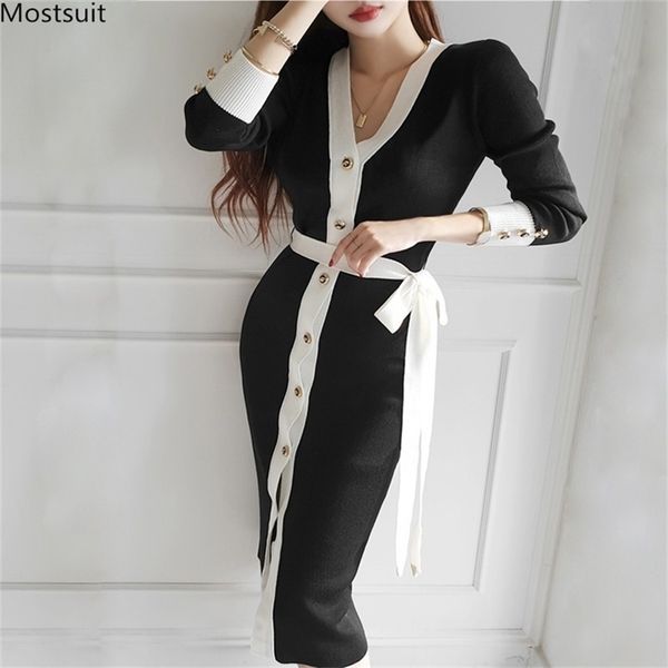 spring autumn elegant knit dress for women long sleeve v-neck single breasted sashes color-blocked bodycon dresses korean 210513, Black;gray
spring autumn elegant knit dress for women long sleeve v-neck single breasted sashes color-blocked bodycon dresses korean 210513, Black;gray