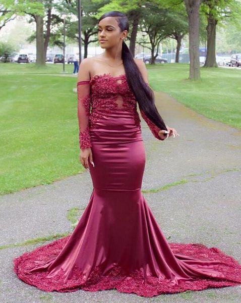 burgundy off shoulder long sleeves mermaid lace evening dresses sweep train appliqued satin special occasion prom party gowns, Black;red
burgundy off shoulder long sleeves mermaid lace evening dresses sweep train appliqued satin special occasion prom party gowns, Black;red
