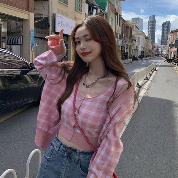 fashion pink plaid cardigan women sweaters autumn loose long sleeve chic korean wild camisole 2 piece sets sweet gentle, White;black
fashion pink plaid cardigan women sweaters autumn loose long sleeve chic korean wild camisole 2 piece sets sweet gentle, White;black