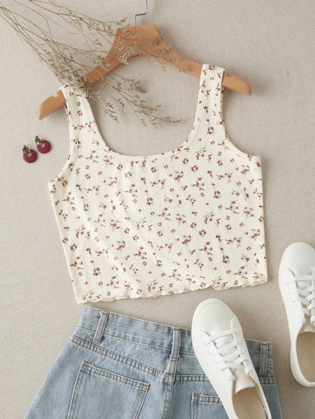 ditsy floral print lettuce trim tank m7la#, White