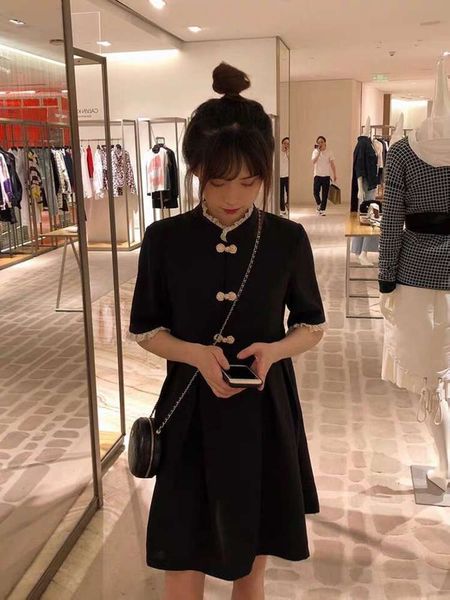 young cheongsam dress women's chinese style stand collar small black skirt summer, Black;gray
young cheongsam dress women's chinese style stand collar small black skirt summer, Black;gray