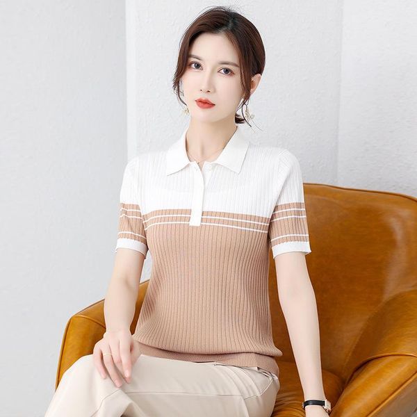 women's t-shirt tianluo color contrast ice silk short sleeve 2021 summer fashion collar matching thin knitwear to, White
women's t-shirt tianluo color contrast ice silk short sleeve 2021 summer fashion collar matching thin knitwear to, White