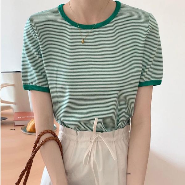 women's t-shirt women all-match basic knitted o-neck korean female striped short sleeve t-shirts girlish style casual slim tshirts sum, White
women's t-shirt women all-match basic knitted o-neck korean female striped short sleeve t-shirts girlish style casual slim tshirts sum, White
