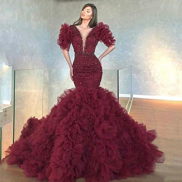 half long sleeves mermaid formal evening dresses lace appliques beaded court train ruffles tulle lace-up plus size prom gowns, Black;red
half long sleeves mermaid formal evening dresses lace appliques beaded court train ruffles tulle lace-up plus size prom gowns, Black;red