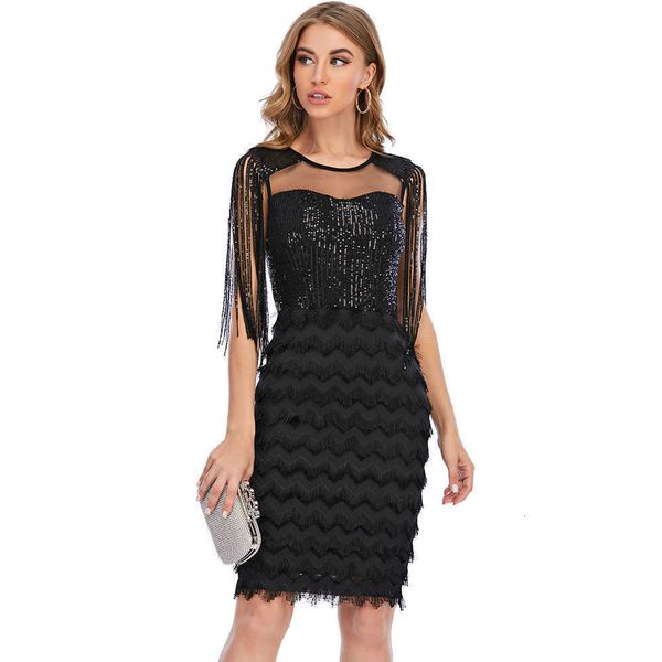 luxury evening party dresses tassel stitched sequin women's, Black