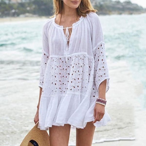 women's swimwear beach cover up for swimsuit summer boho ruffle hollow out long sleeve ups bohemia white dress woman clothes, White;black
women's swimwear beach cover up for swimsuit summer boho ruffle hollow out long sleeve ups bohemia white dress woman clothes, White;black