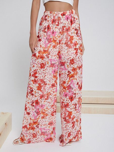 floral print elastic waist wide leg pants n49l#, Black;white 
floral print elastic waist wide leg pants n49l#, Black;white