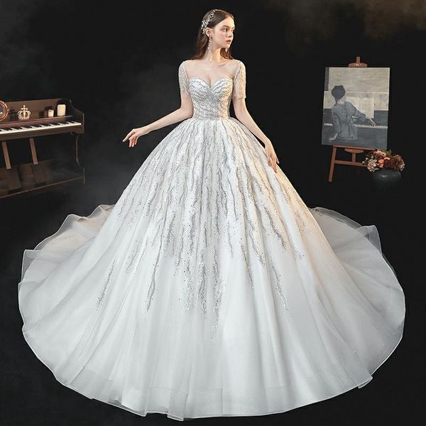 bridal veils 2021 arrive beading short sleeve wedding dress, Black