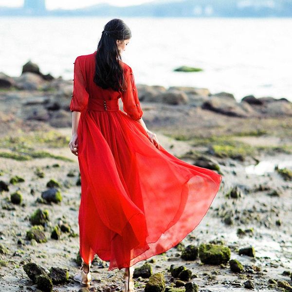 casual dresses big red dress beautiful skirt for taking pos super fairy swing elegant seaside holiday beach dance, Black;gray