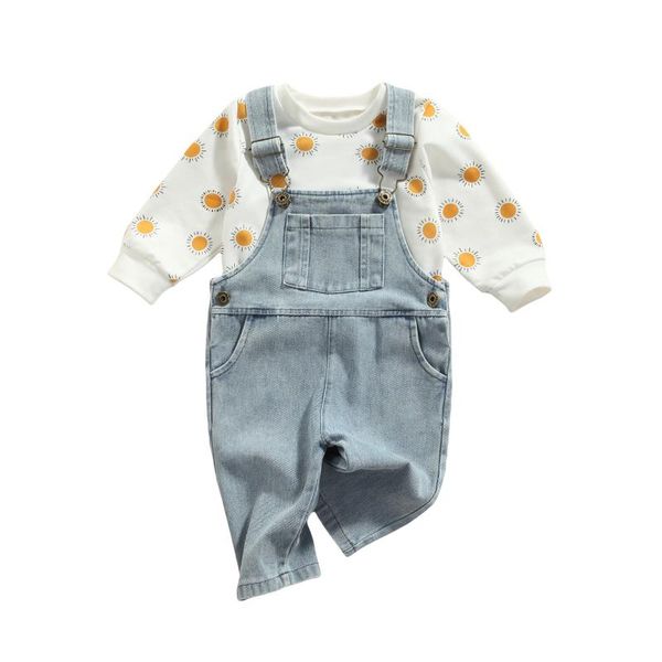 clothing sets baby long sleeves + suspender jeans, sun print adjustable length pocket decoration spring, White
clothing sets baby long sleeves + suspender jeans, sun print adjustable length pocket decoration spring, White