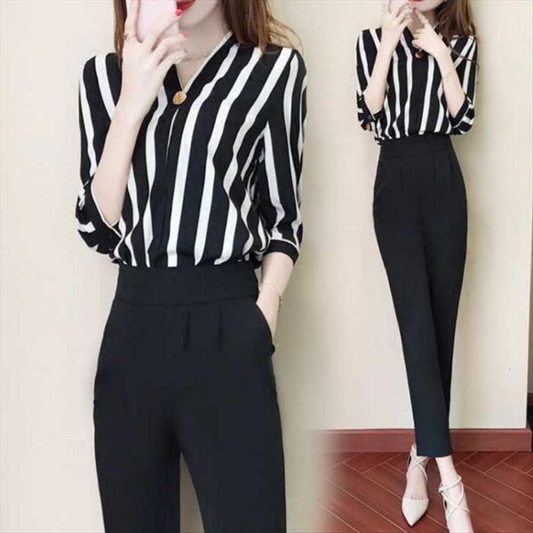 2 piece set fashion spring womenpant trouses suit long sleeve stripe blouse pants outfit, White