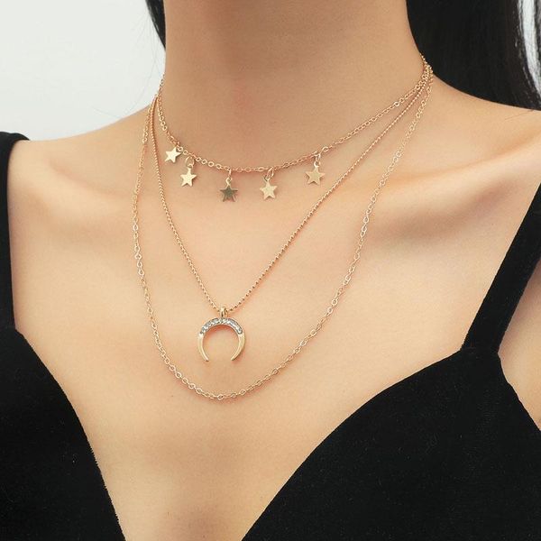 pendant necklaces 2021 product fashion simple creative novel geometric metal moon five-pointed star multi-layer necklace for women, Silver
pendant necklaces 2021 product fashion simple creative novel geometric metal moon five-pointed star multi-layer necklace for women, Silver