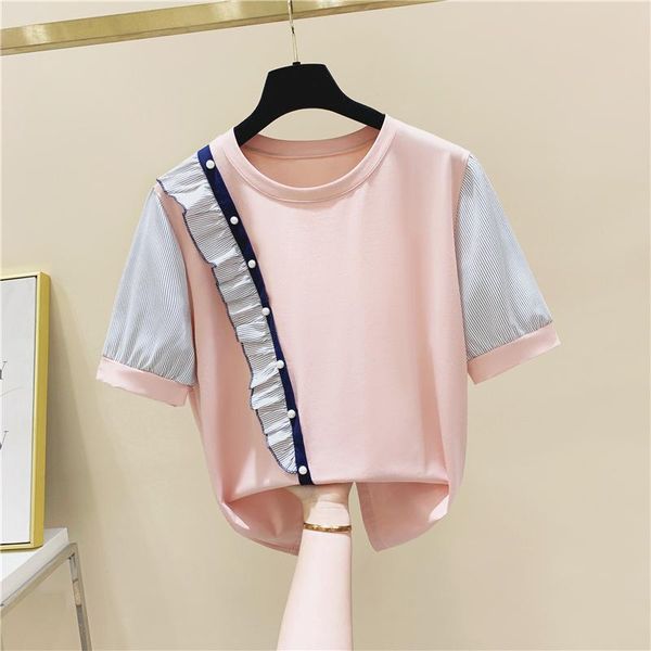 women's t-shirt patchwork ruffled beaded round neck short sleeve cotton 2021 summer korean style loose half-sleeved, White
women's t-shirt patchwork ruffled beaded round neck short sleeve cotton 2021 summer korean style loose half-sleeved, White