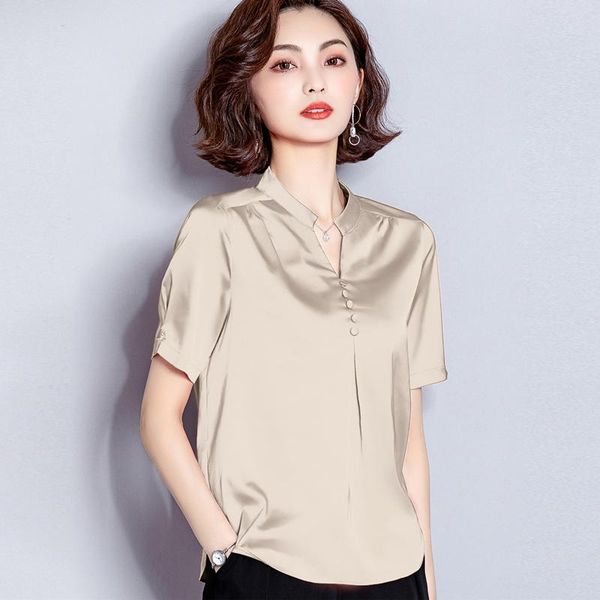 women's blouses & shirts korean fashion silk blouse red satin short sleeve and ladies, White
women's blouses & shirts korean fashion silk blouse red satin short sleeve and ladies, White
