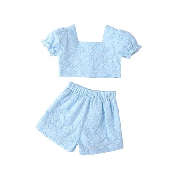 girl retro square neckline light blue lantern sleeve blouse + shorts set floral printing lace single-breasted t-shirt clothing sets, White
girl retro square neckline light blue lantern sleeve blouse + shorts set floral printing lace single-breasted t-shirt clothing sets, White
