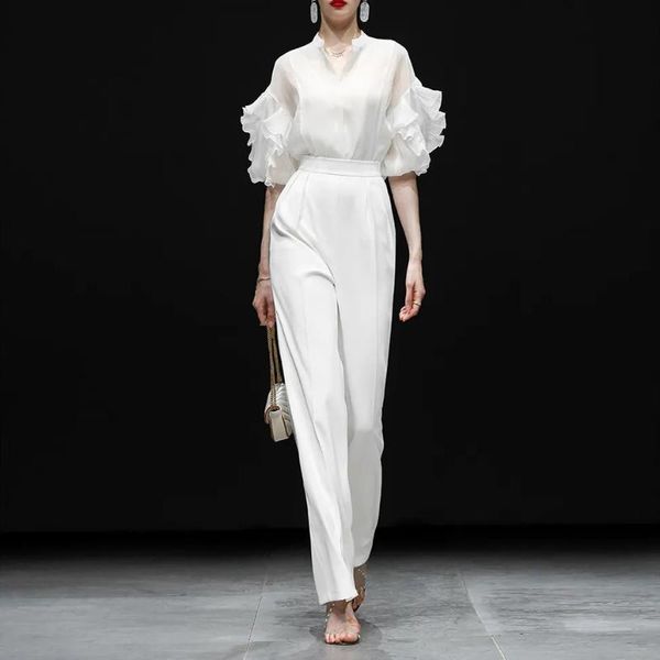 women's two piece pants summer fashion design sleeve solid colors loose blouse +trousers elegant ladies straight leg pieces, White
women's two piece pants summer fashion design sleeve solid colors loose blouse +trousers elegant ladies straight leg pieces, White