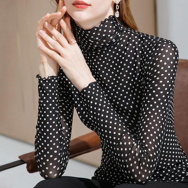 women's t-shirt net bottomed shirt female 2021 spring and autumn with wood ear high collar long sleeve hong kong style polka dot, White
women's t-shirt net bottomed shirt female 2021 spring and autumn with wood ear high collar long sleeve hong kong style polka dot, White