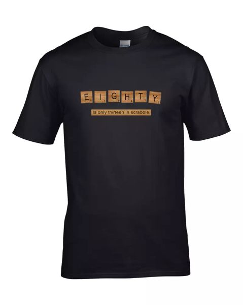 eighty is only thirteen in scrabble. desperately aging game parody men's t-shirt, White;black
eighty is only thirteen in scrabble. desperately aging game parody men's t-shirt, White;black