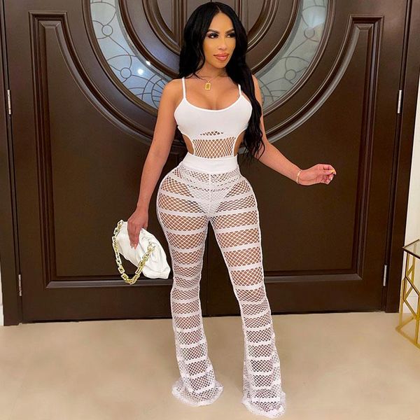 women's two piece pants 2 set women festival club outfits for see-through mesh hollow out bodysuit and flare matching sets, White
women's two piece pants 2 set women festival club outfits for see-through mesh hollow out bodysuit and flare matching sets, White