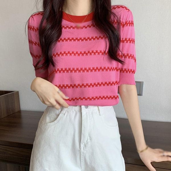 women's t-shirt jlong women knited summer short sleeve casual round collar stripes tees top, White
women's t-shirt jlong women knited summer short sleeve casual round collar stripes tees top, White