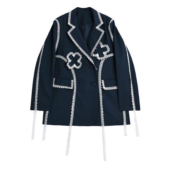 women's suits & blazers lace spliced oversize navy women elegant lapel long sleeve loose fit fashion tide jackets spring autumn 2021 wo, White;black
women's suits & blazers lace spliced oversize navy women elegant lapel long sleeve loose fit fashion tide jackets spring autumn 2021 wo, White;black
