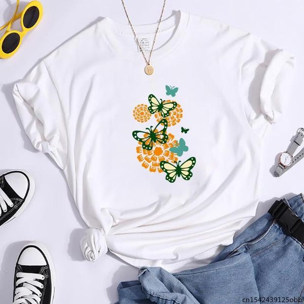 women's t-shirt hardworking butterfly print woman fashion comfortable summer fit street o-neck, White
women's t-shirt hardworking butterfly print woman fashion comfortable summer fit street o-neck, White