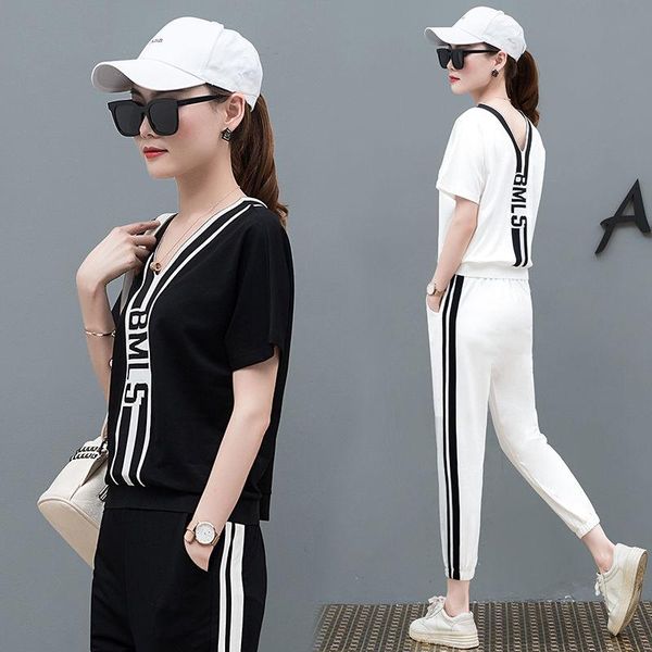 sports suit female 2021 summer korean version was thin fashion trend casual wear cotton short sleeve two-piece women's two piece pants, White
sports suit female 2021 summer korean version was thin fashion trend casual wear cotton short sleeve two-piece women's two piece pants, White