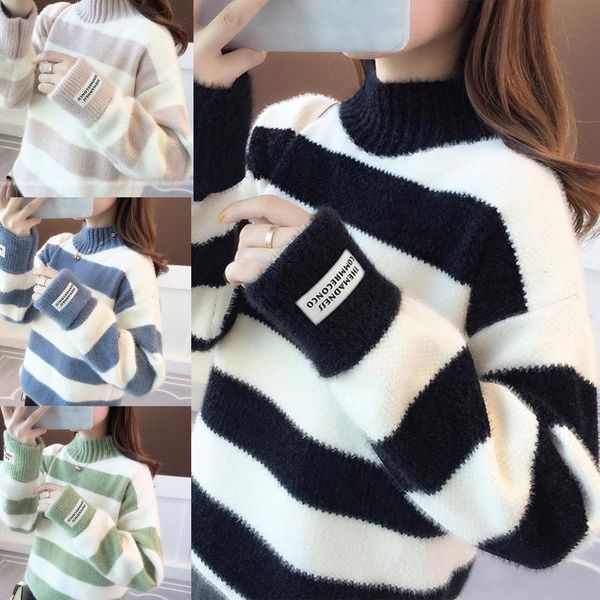 women autumn winter long sleeves half turtleneck knitted sweater stitching contrast color striped pullover loose jumper casual t women', White;black
women autumn winter long sleeves half turtleneck knitted sweater stitching contrast color striped pullover loose jumper casual t women', White;black