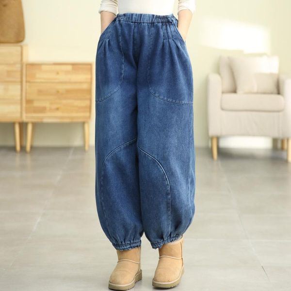 women's jeans 2022 winter ladies loose casual harem fur trousers european style women solid design retro denim pants elastic waist, Blue
women's jeans 2022 winter ladies loose casual harem fur trousers european style women solid design retro denim pants elastic waist, Blue