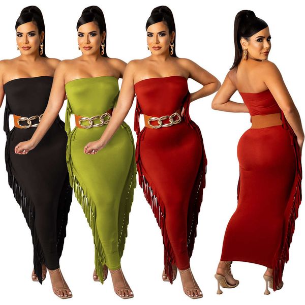 strapless sleeveless tight tassel long open back without belt, White;black