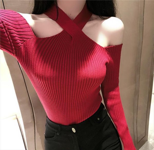 women crossed halter collar sweaters knitted off shoulder pullover girls knitting stretchy pullovers female, White;black
women crossed halter collar sweaters knitted off shoulder pullover girls knitting stretchy pullovers female, White;black